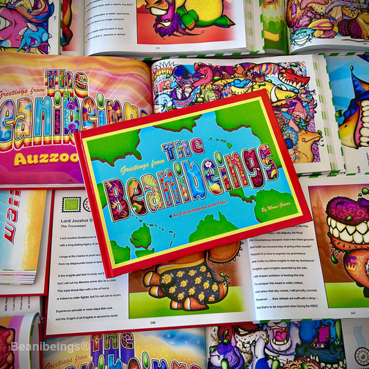 Colorful book cover with 'The Beanibeings' design on a pile of books.
